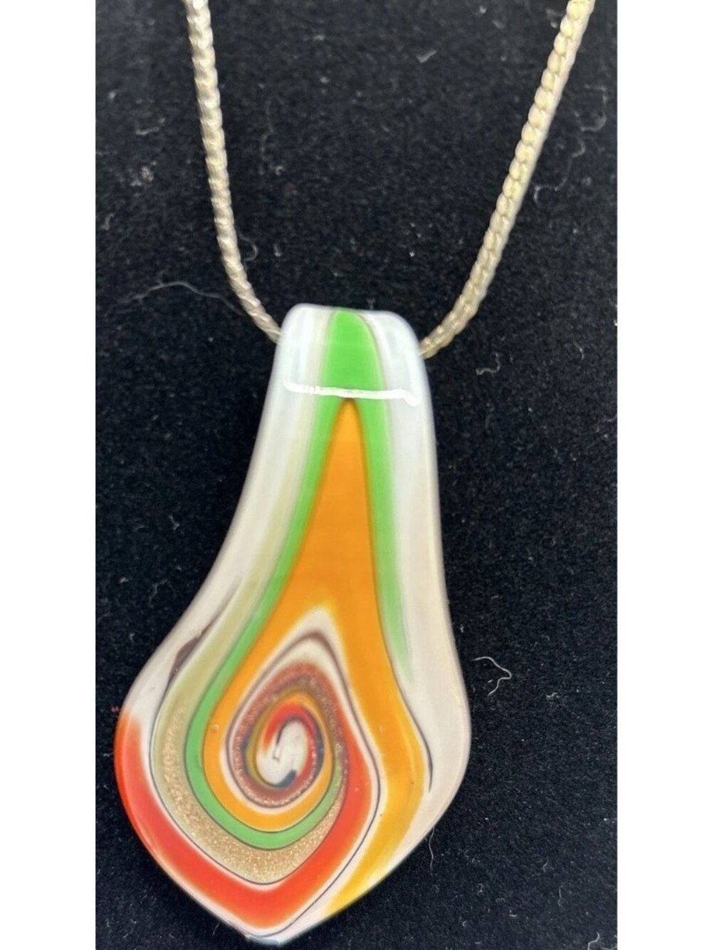 Glass Blown Pendant Multi Color Swirl With Silver Gold Tone Stardust And Chain